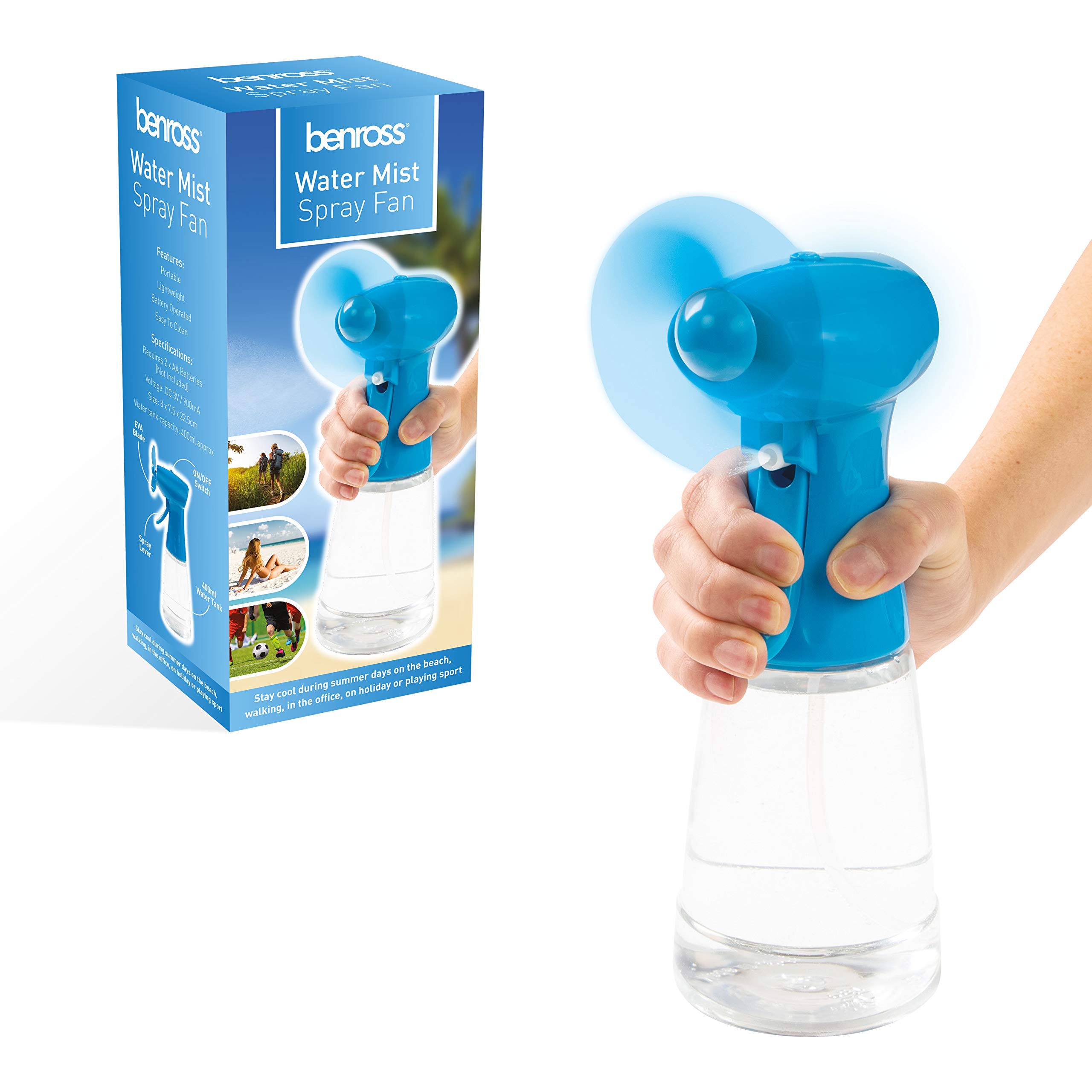 Benross 40239 Water Mist Spray Fan/Handheld Cooling Device/Portable For Holidays, Beach Trips, Sports Events, Office Use & Travel Use/Blue Colour