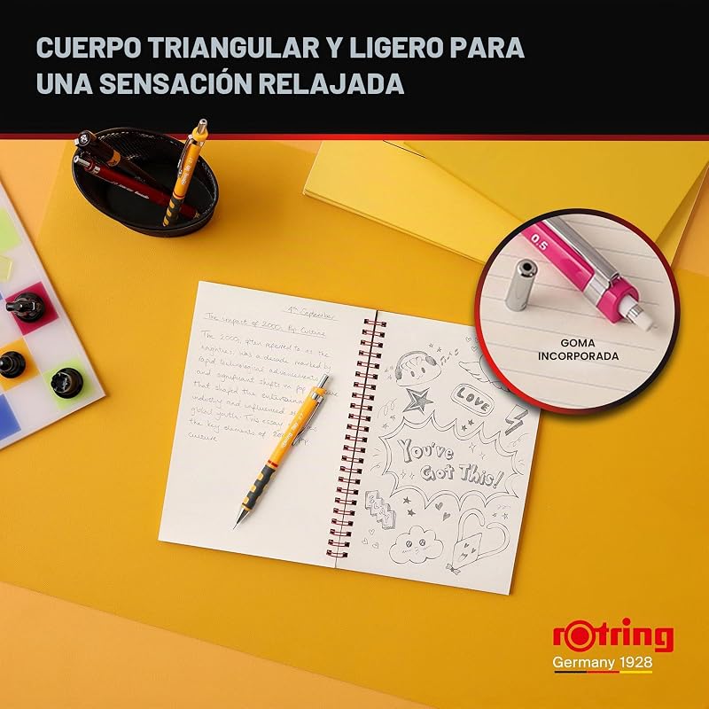 Lápis mecânico rOtring Tikky | HB 0,7 mm | Corpo calendula | Leve com punho de borracha