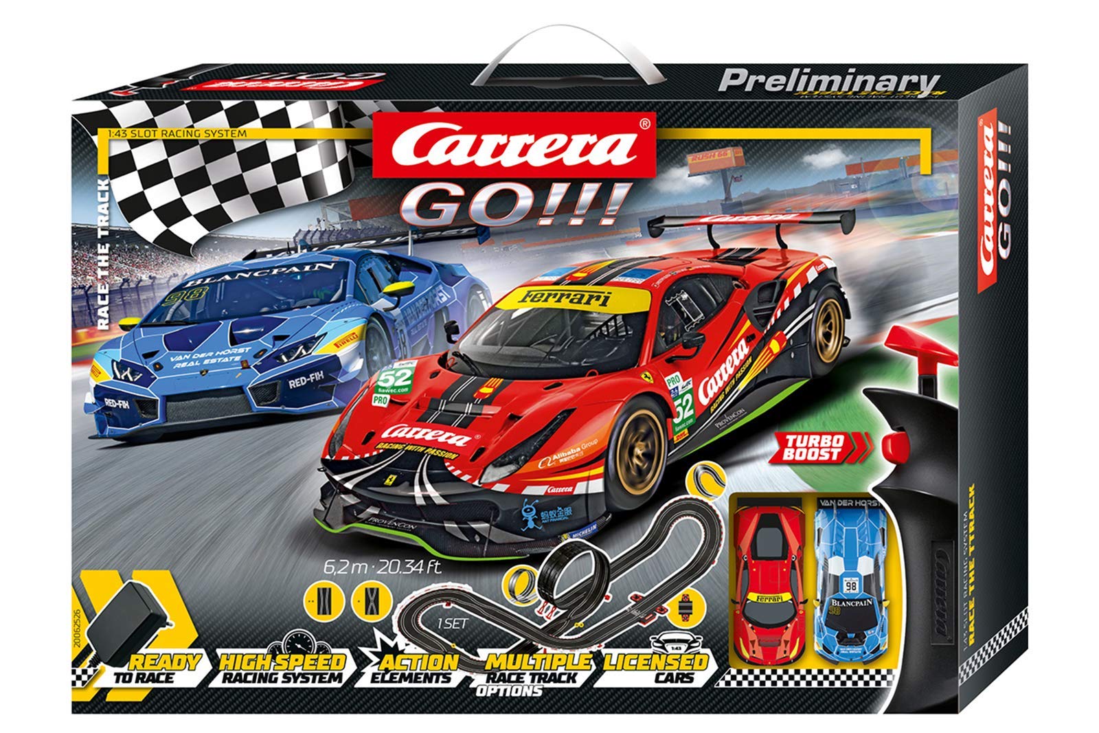 Carrera GO Race the Track Race Track Set, 6.2 m Electric Race Track with Lamborghini Huracán GT3 & Ferrari 488 GT3, with 2 Hand Controls & Track Parts, for Children from 6 Years and Adults, 20062526