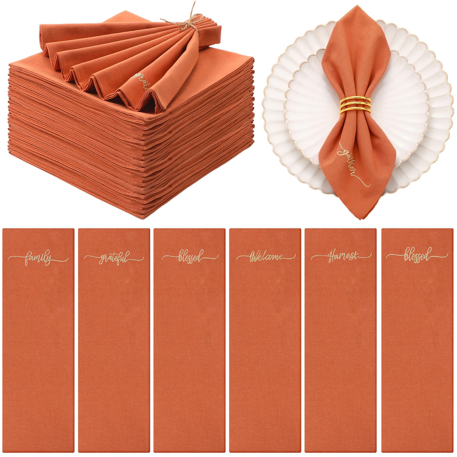Photo 1 of 12 Pack Fall Thanksgiving Cloth Napkins Harvest Decoration Bulk Embroidered Cotton Dinner Table Napkins Reusable Autumn Party Gifts Decor for Dinners Parties, 18" x 18"(Rust Red)