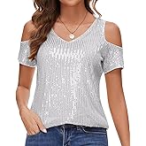 MINTLIMIT Sequin Tops for Women Short Sleeve Cold Shoulder Shimmer Glitter Blouses Sparkly Party Shirt Top