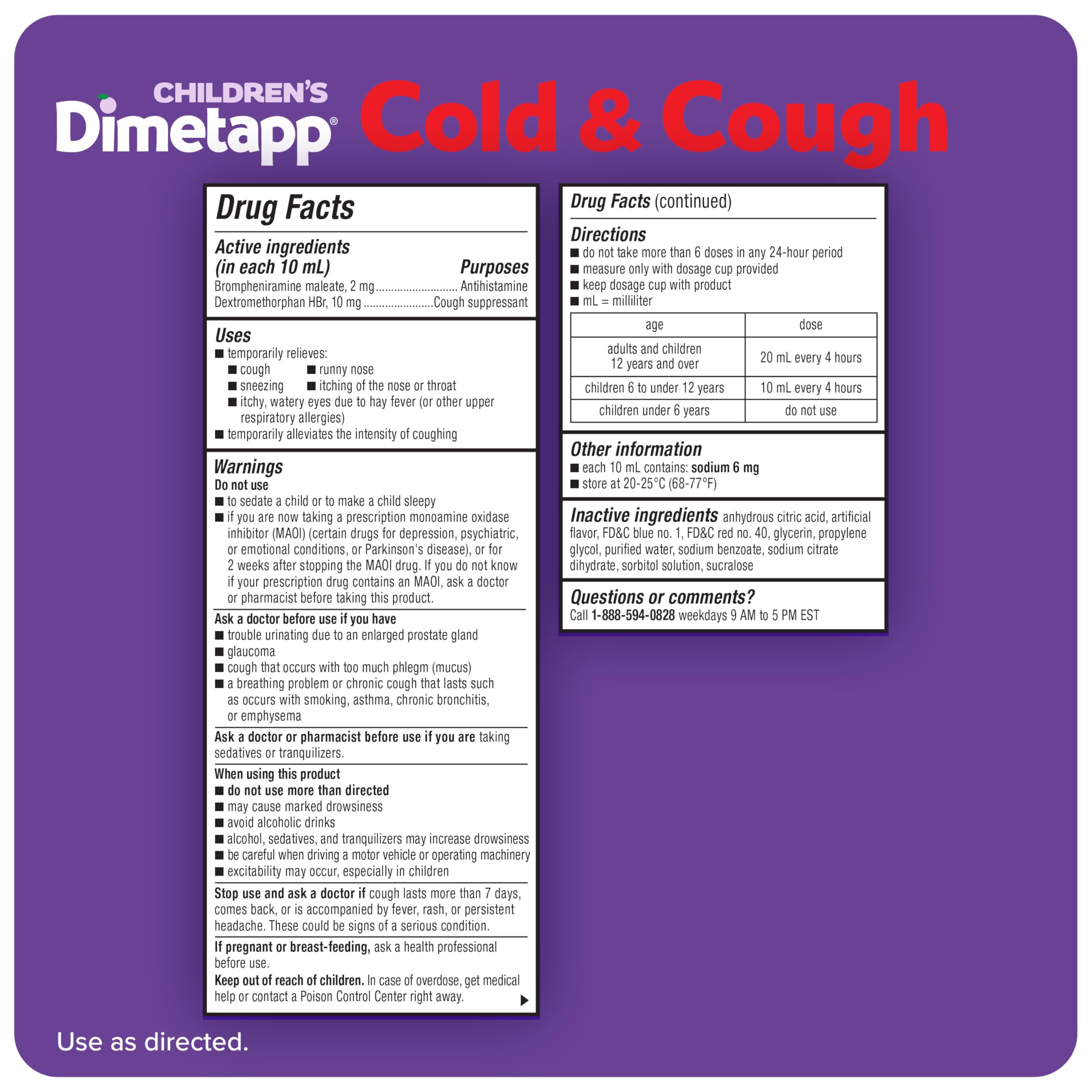 Children’s Dimetapp Cold & Cough Medicine, Antihistamine, Runny Nose, Sneezing, Itchy, Watery Eyes, Grape Flavor, Alcohol & Phenylephrine-Free, 8 Fl Oz
