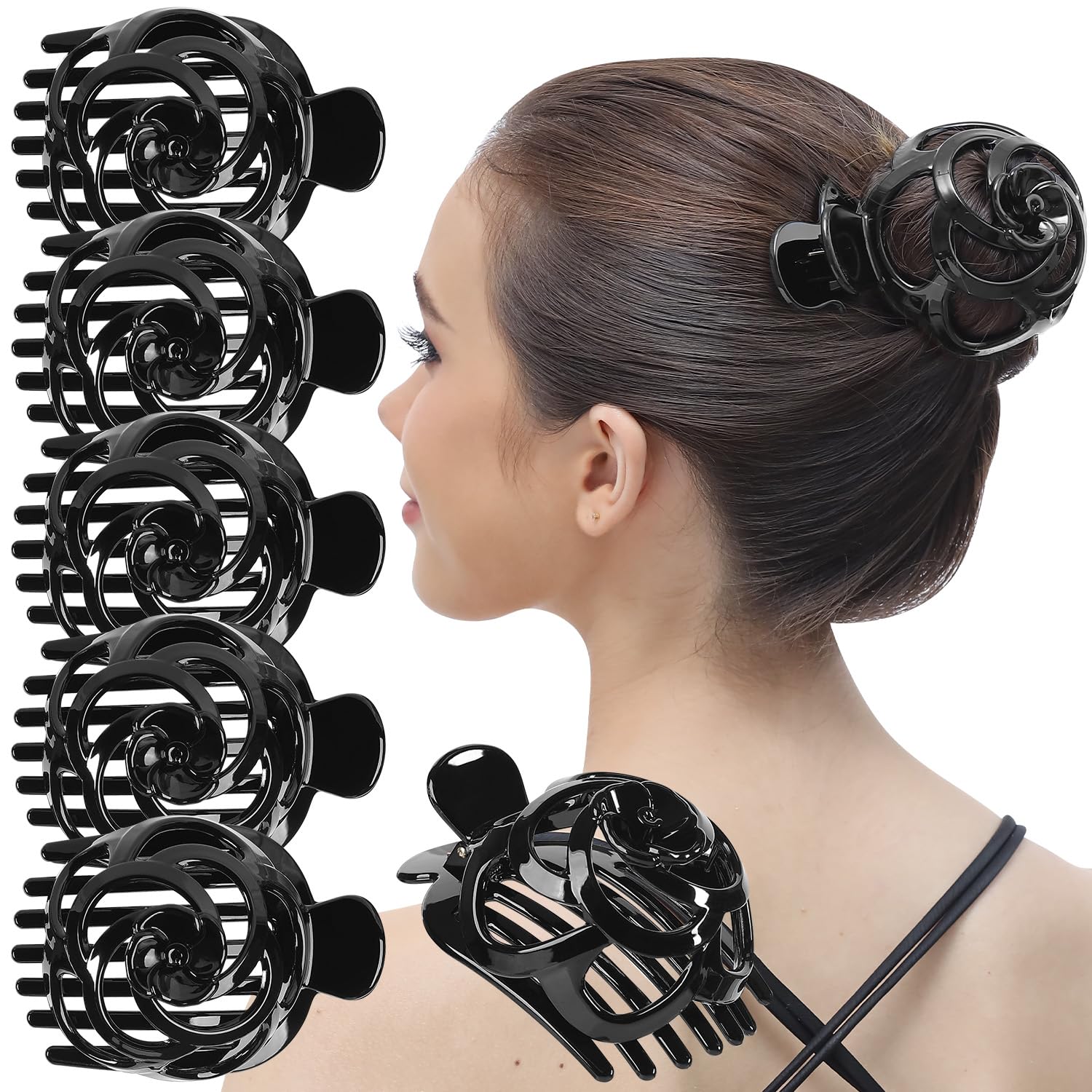 RC ROCHE 6 Pcs Hair Bun Maker Clip for Women Updo Holder Ballet French Claws Bird Nest Pieces Tools Accessories Plastic Shell Round Dome, Large Black