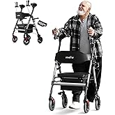 StrollAid Upright Walkers for Seniors, 450 lb Heavy Duty Stand Up Rollator Walker with Adjustable Soft Sponge Armsupport & Seat, Tall Standing Folding Rolling Walker with 8'' Wheel, Grey