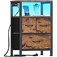 Furnulem Led Nightstand with Charging Station, Bedside Table with 3 Fabric Drawers and Storage Shelf, End Table with USB Ports and Outlets, Small Night Stand for Bedroom, Rustic Brown