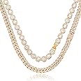 shopbyskyler Women's 18+20'' Zinc Necklace, Clustered Diamond Tennis Chain & Heart Necklace Set, Hip Hop Jewelry, Gold, Cuban Link, for Female, Gifts