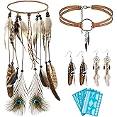 Censen 10 Pcs Indian Native American Jewelry Set for Women Headdress Feather Accessories Retro Drop Necklace Earrings White Temporary Tattoos Halloween Party Cosplay Costumes Festival Hair Accessories