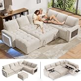 WEUP 7 Seat L Shaped Sectional Sleeper Sofa Bed with Pull Out Bed, Chenille Sectional Sleeper Couch with Ottoman, Adjustable Backrest, USB Ports, LED, Side Table, Tool-Free Assembly, Chenille Beige