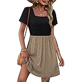 OFEEFAN Womens Summer Dresses 2025 Short Sleeve Square Neck Casual Sundresses with Pockets A-Line Color Block