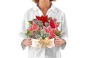 Freshcut Paper Pop Up Cards, Birch Poinsettia, 10 Inch Life Sized Forever Flower Bouquet 3D Popup Greeting Cards, Christmas Card, Holiday Card, Blank Notecard & Envelope
