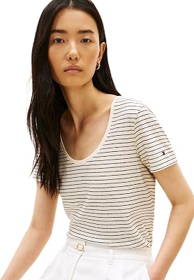 Damen T-Shirt Kurzarm Linen Scoop mit Rundhalsausschnitt, Weiß (Small BRT STP Calico/Black), L