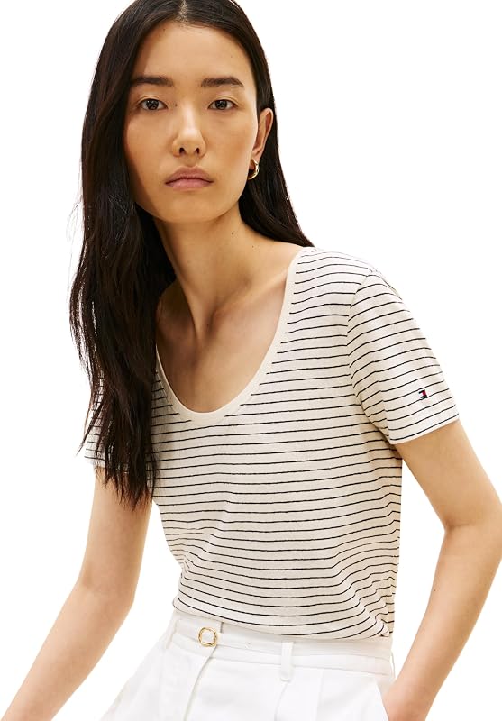 Damen T-Shirt Kurzarm Linen Scoop mit Rundhalsausschnitt, Weiß (Small BRT STP Calico/Black), L