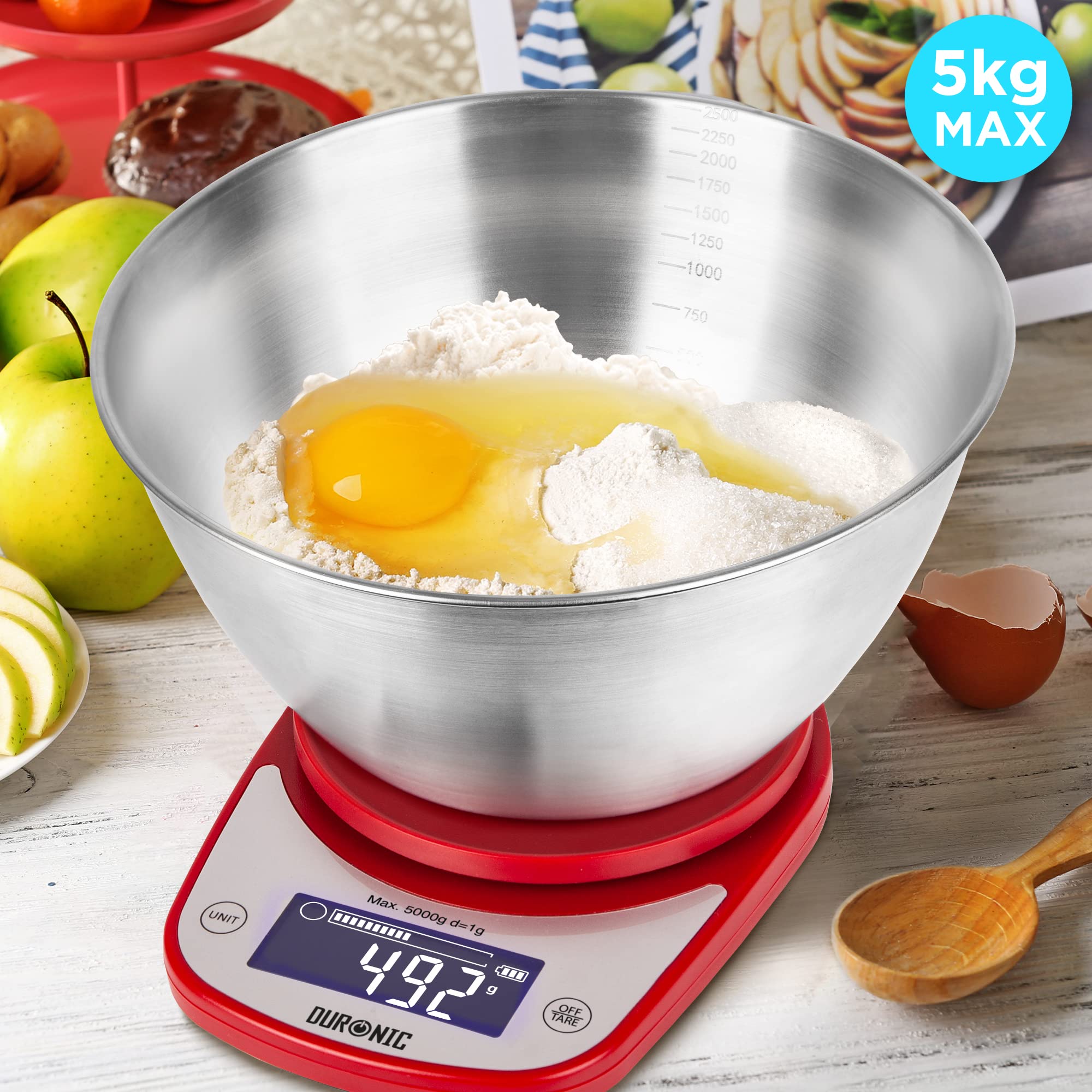 Duronic KS5000RD/SS Digital Kitchen Scales Electronic Kitchen Scale with Bowl Measuring Weighing Scales Baking Scale for Cooking Baking Postal Pet Food Measurement Baker Weight