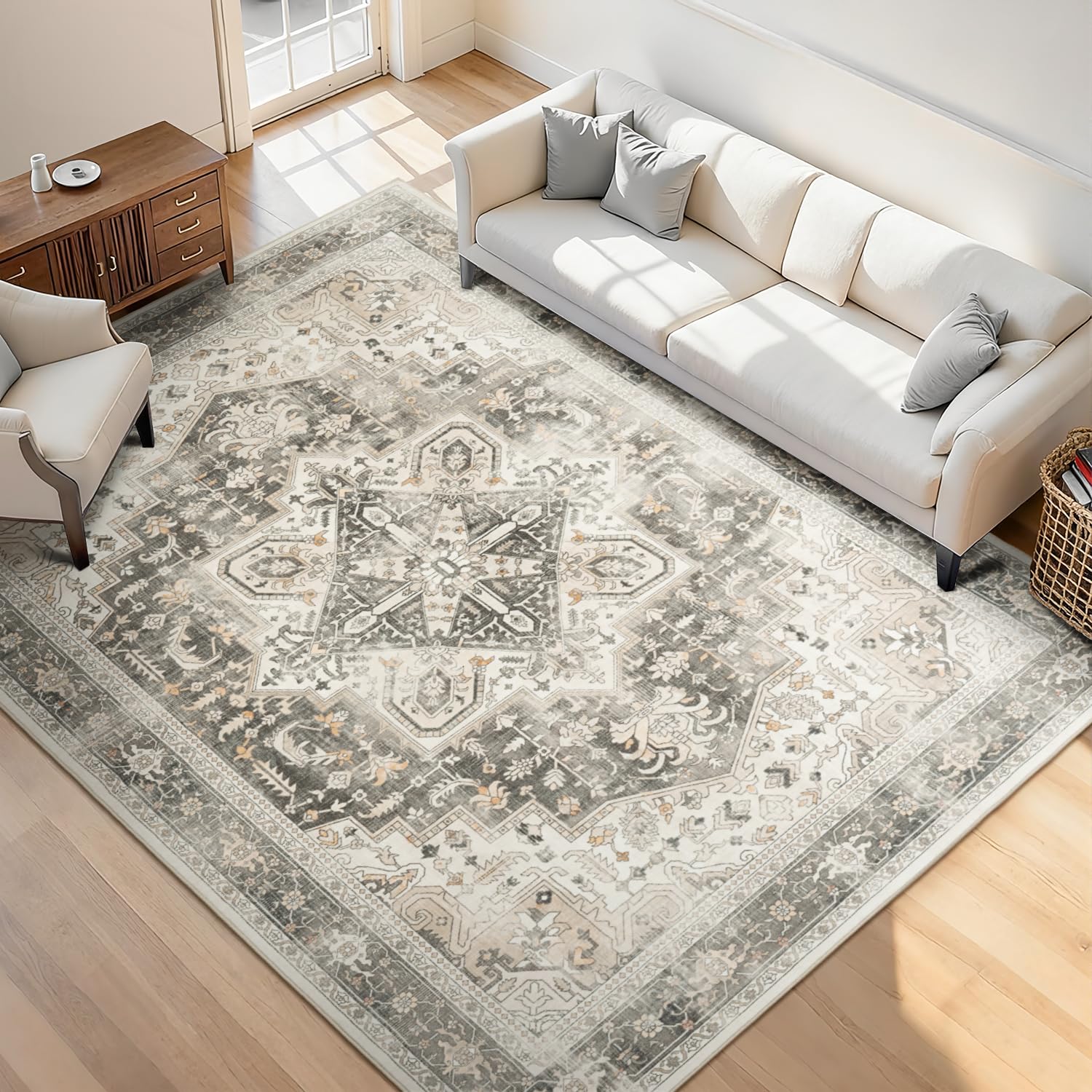 Rugflix 5x7 Area Rugs for Living Room, Machine Washable Rug Non Slip Stain Resistance, Large Rug Vintage Distressed Soft Carpet for Bedroom, Dining Room, Home Office, Beige Grey Image