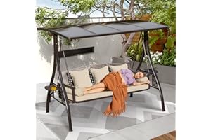 Yalissey 3-Seat Patio Porch Swing with Adjustable Hardtop,3 in 1 Convertible Outdoor Porch Swing for Adults,Patio Swing with Thicken Cushion,Pillows & Cup-Holders for Porch,Backyard,Garden (Beige)