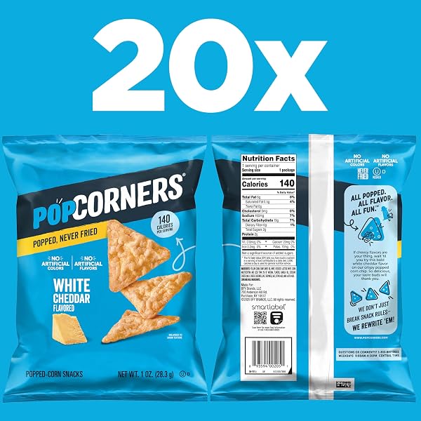 POPCORNERS POPPED CORN SNACKS, WHITE CHEDDAR, 1 OUNCE (PACK OF 20) (PACKAGING MAY VARY)