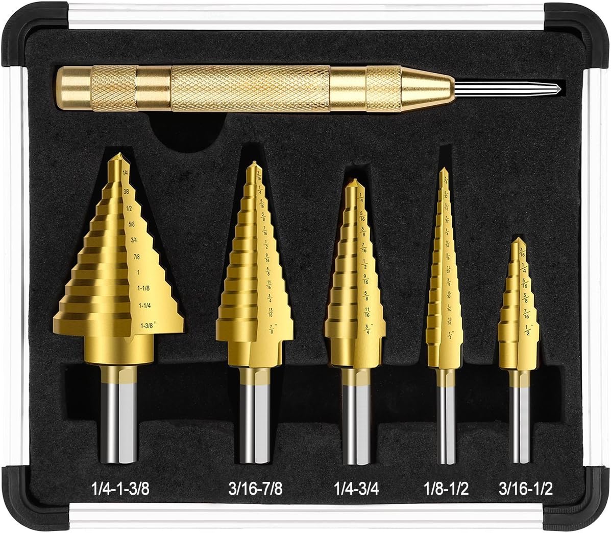 Step Drill Bit Set & Automatic Center Punch,High Speed Steel Double Cutting Blades Design with Aluminum Case |5-Piece Set| Total 50 Sizes