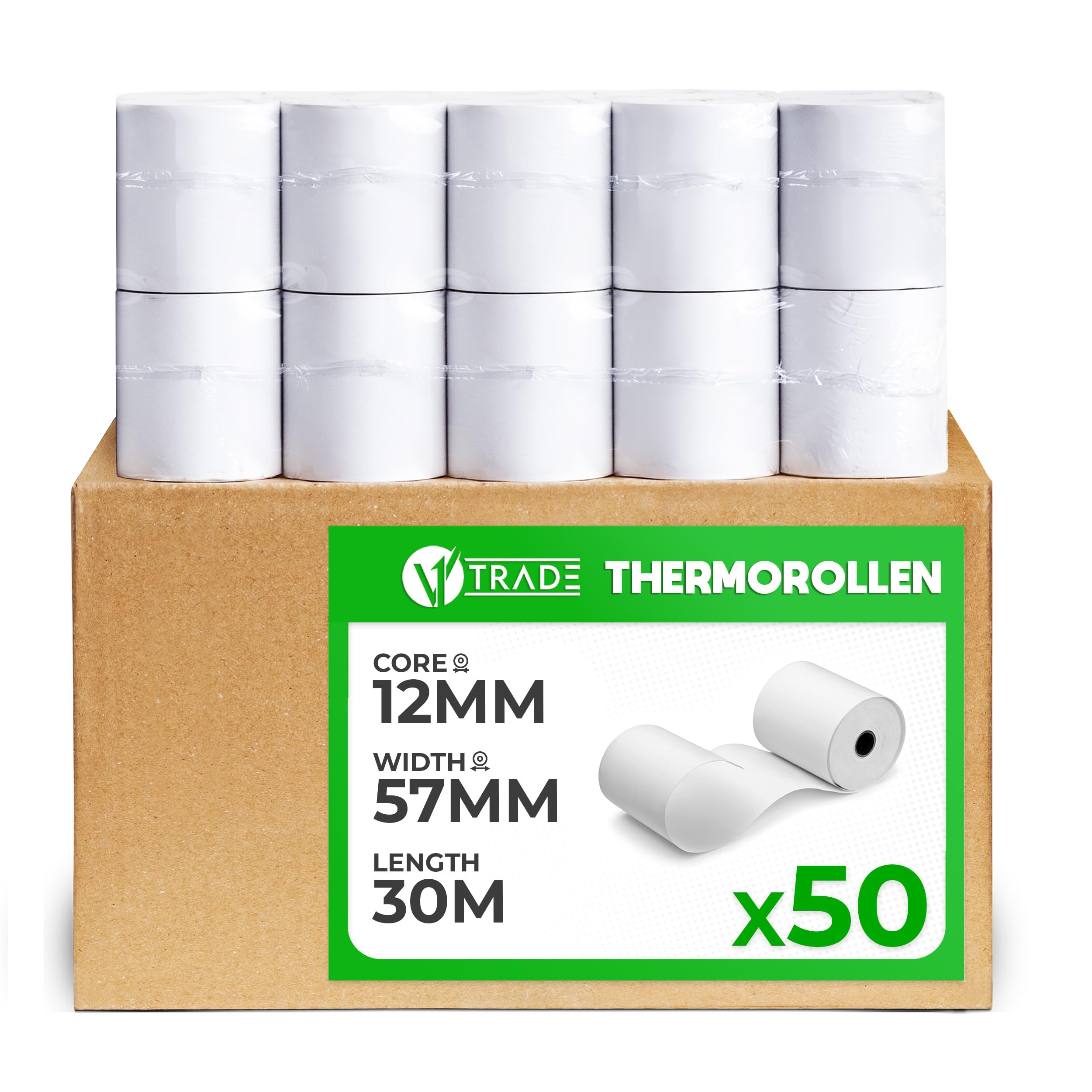 V1 Trade Thermal Rolls 57 mm x 30 m x 12 mm (Pack of 50) – Till Rolls 57 mm Thermal for Cash Register – EC Rolls Made of Thermal Paper 42 g/m² – Receipt Rolls Thermal 57 mm for Receipt Printers