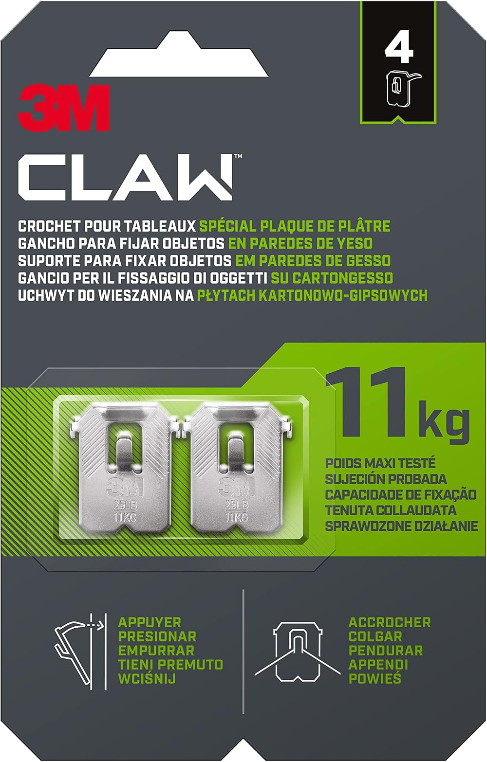 3M CLAW Picture Hangers 4 Hooks for Drywall Up to 11 kg No Tools Needed