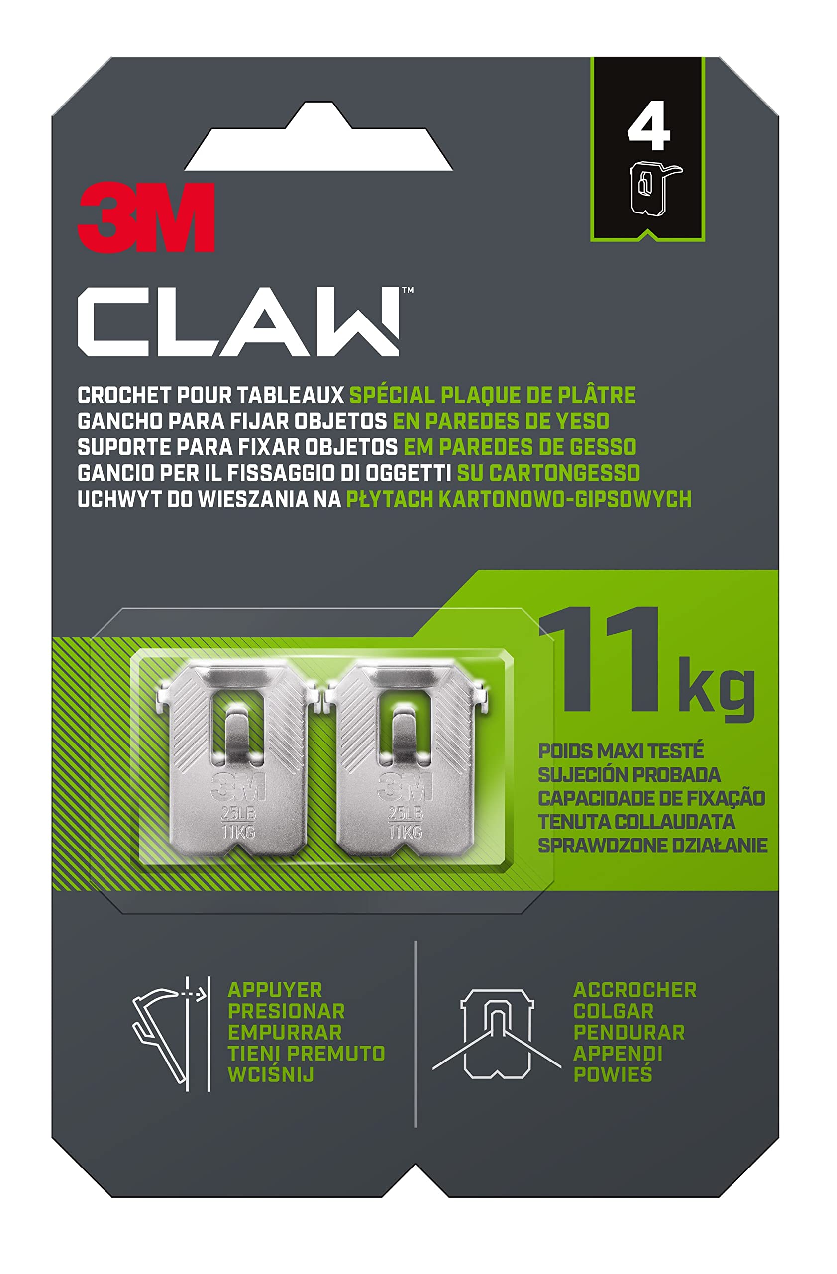 3M CLAW Picture Hooks for Hanging Paintings on Plaster Walls, 4 Hooks - Maximum Weight Tested up to 11 kg - Ideal for Attaching Heavy Objects, Mirrors, Home Decor, No Tools