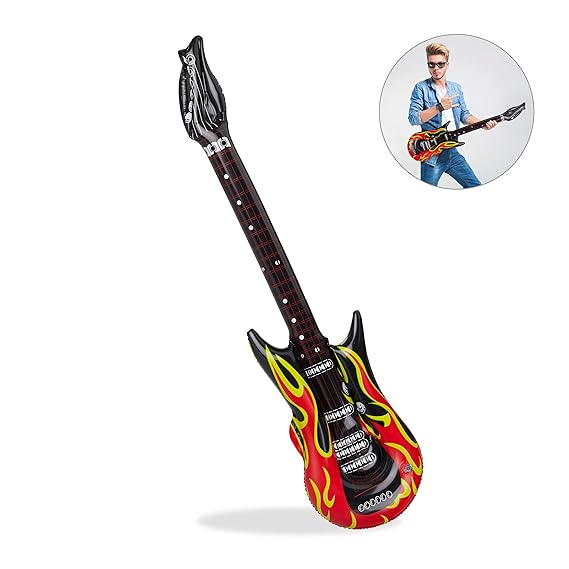 Relaxdays Aufblasbare Gitarre Flames, Air Guitar zum Aufblasen, Karaoke-Accessoire, Luftgitarre, PVC, 95cm, schwarz/rot