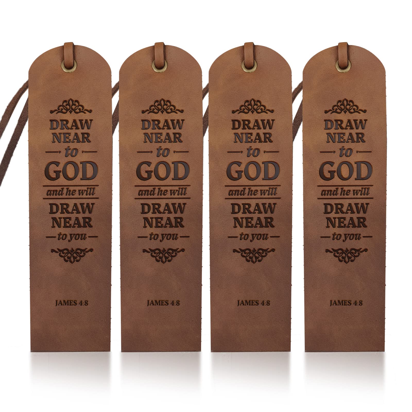 MAYJOYDIY 4pcs Leather Bible Bookmarks Christian Bible Verses Bookmarks Cowhide Draw Near to God Text 5×18cm Genuine Leather Page Markers Christian Gift for Book Reading Bookworm Book Lovers Readers — image 1
