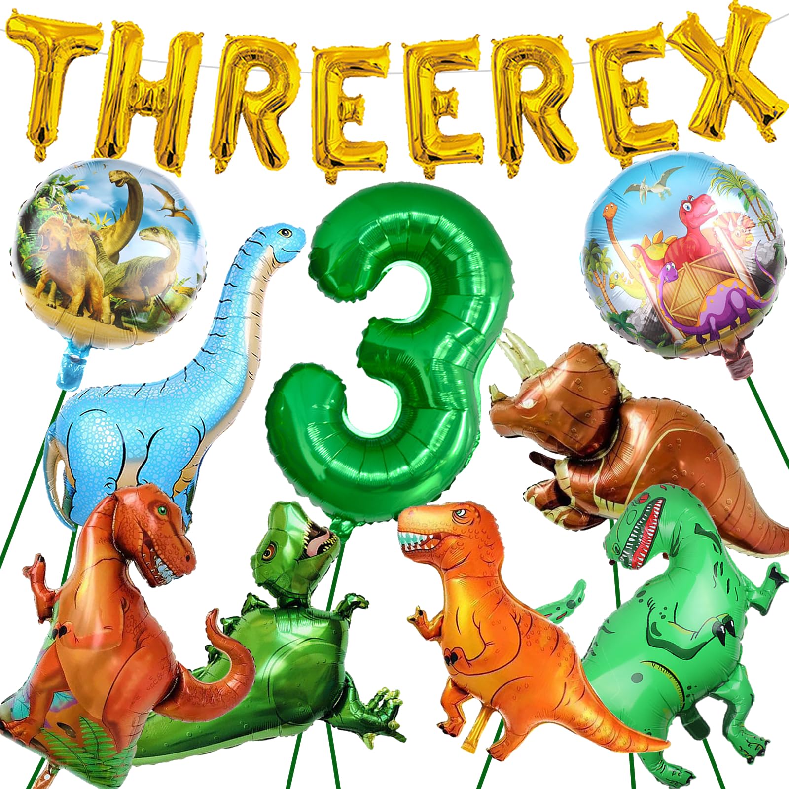 Photo 1 of 17Pcs Dinosaur 3rd Birthday Party Decorations Include Three Rex Balloon Dinosaur Foil Balloons for Three Rex Theme Birthday Decorations Boys