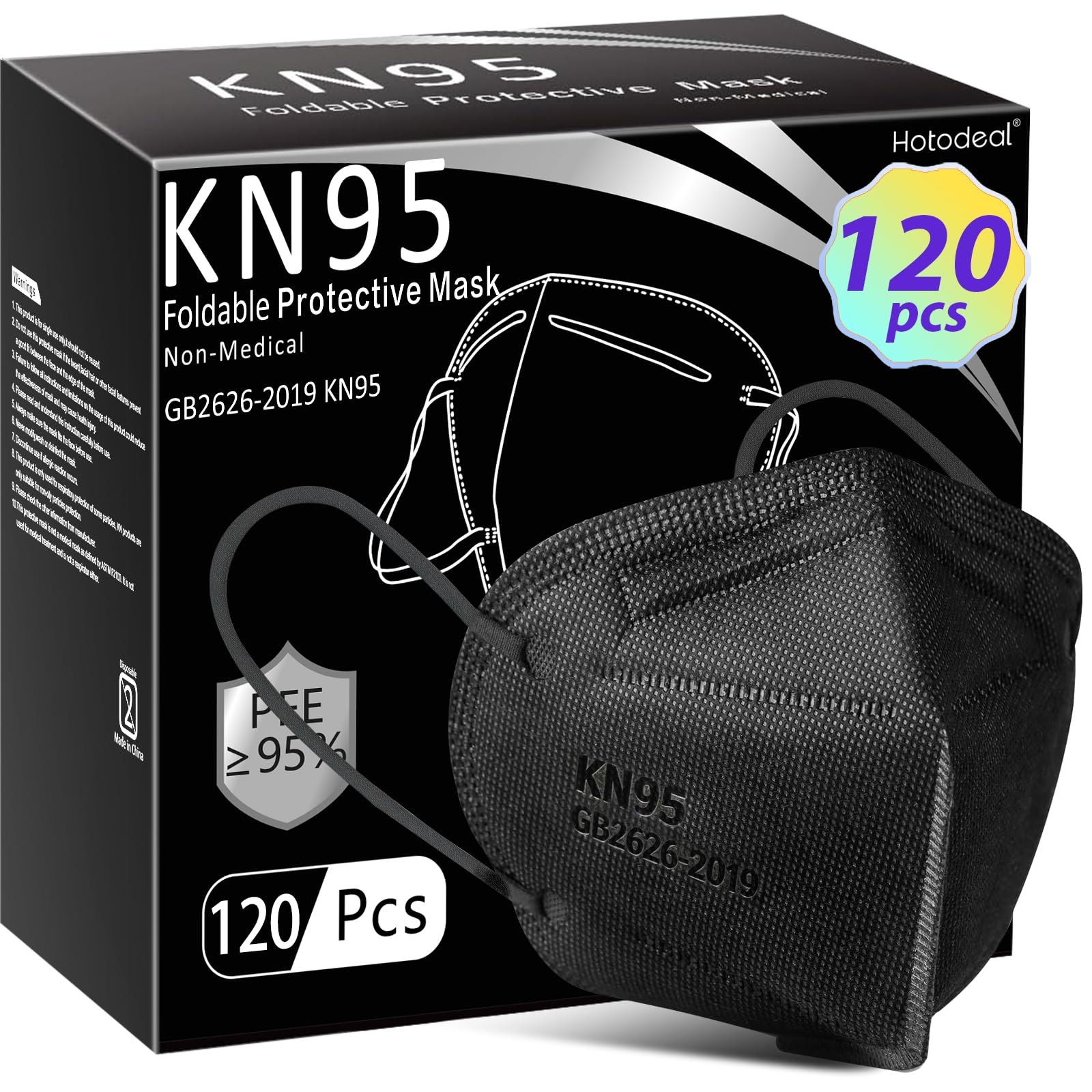 Hotodeal KN95 Face Mask 120 PCs, Black KN95 Mask, 5 Layers Cup Dust Mask, for Men, Women, Healthcare Worker, Essential Workers Image
