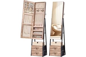 Nicetree Jewelry Cabinet Armoire with 2 Drawers,Standing Jewelry Mirror Cabinet, Full Length Mirror with Jewelry Storage, Lockable Jewelry Organizer with Mirror,Toasted Oak