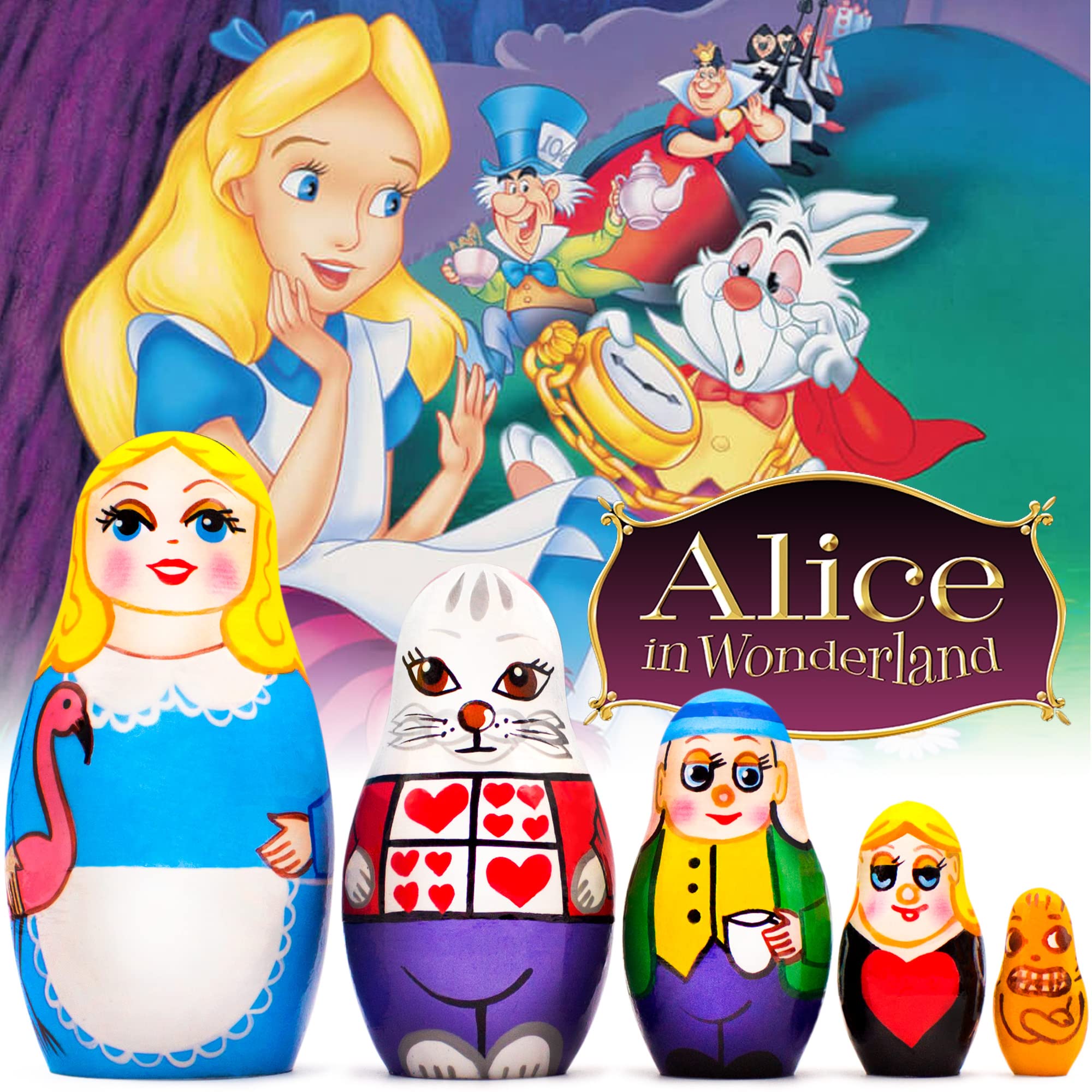 Alice in Wonderland Wooden Stacking Dolls Set 5 Pcs - Russian Nesting Doll Wood Matryoshka Babushka