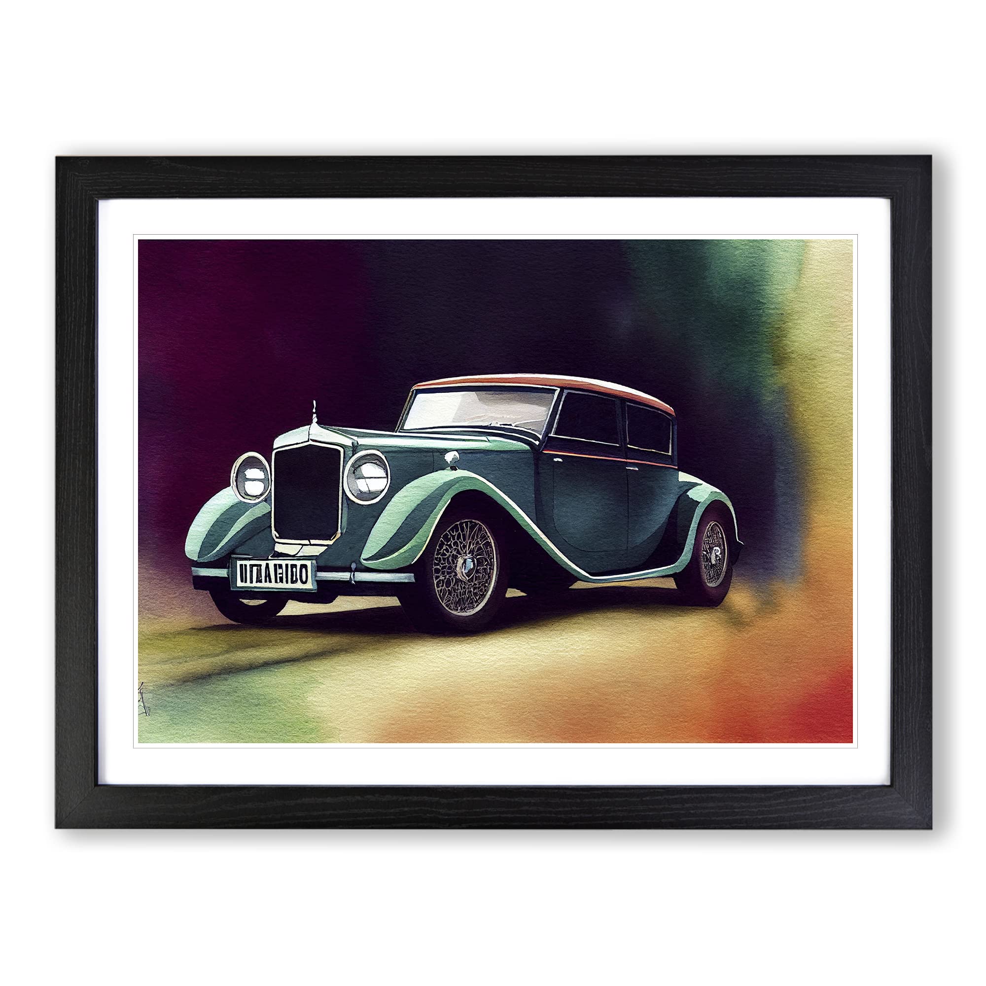 Watercolour Classic Car Framed Print | A4 Black Framed Wall Art | Ready to Hang | Classic Vehicle Picture | Living Room Bedroom Lounge Office