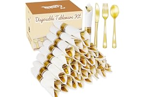 Zcaukya 200PCS Disposable Pre-wrapped Silverware for 50 Guests, Elegant Gold Plastic Dinnerware Utensil Set for Birthday Parties Weddings, with 50 Napkins, 50 Forks, 50 Knives, 50 Spoons