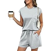 LOMON Two Piece Shorts Sets for Women Vacation Trendy Lounge Sets Crew Neck Matching Sets Cap Sleeve Airport Suits