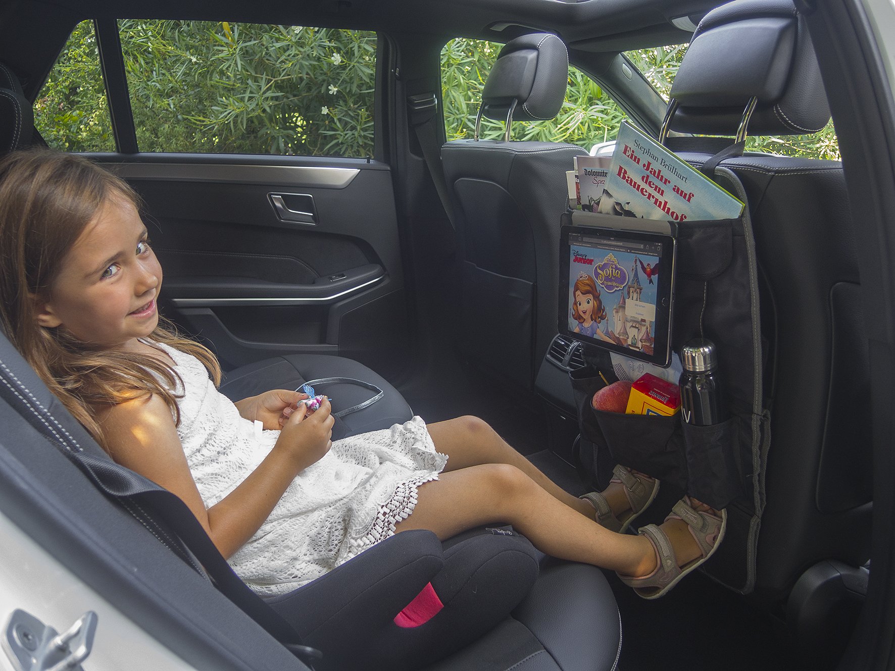 Universal back-seat protector mat tidy organiser | MY CAR CADDY TO GO | kick mats with built in iPAD Tablet holder for child | for cars, camper, SUV, vehicle | protects against scratching | black grey