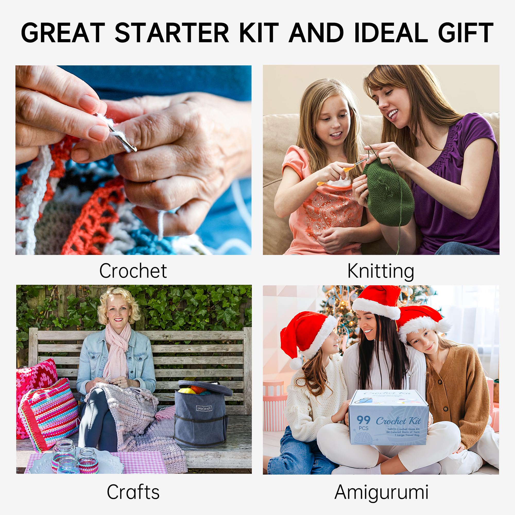 INSCRAFT Crochet Kit for Beginners Adults Kids - Great Knitting Starter Kit for Colorful Craft for Professionals, Make Amigurumi Projects includes 24 Colors Yarn, Hooks, Instructions, a Durable Bag