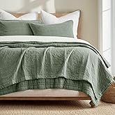 EVERGRACEHOME Stonewashed Cotton Quilt Set King Size, Ultra Soft Oversized Bedspread Coverlet Set, Lightweight Crinkle Box Stitch Bedding Sets for All Season, with 2 Shams, Olive Green