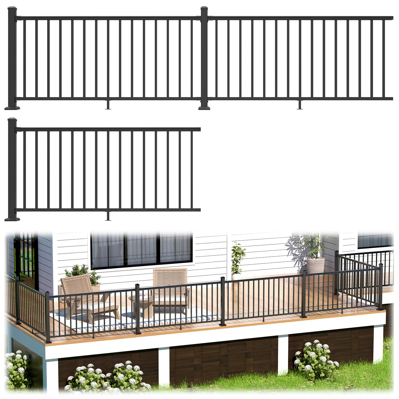 Photo 1 of Egadis 36 in. H x 18 ft. W Porch and Deck Railing Kit, Aluminum Railing Kit, Black Textured Powder-Coat Finish Railing System for Outdoor Decks, Porches & Balconies (3 Post, 3 Panel)
