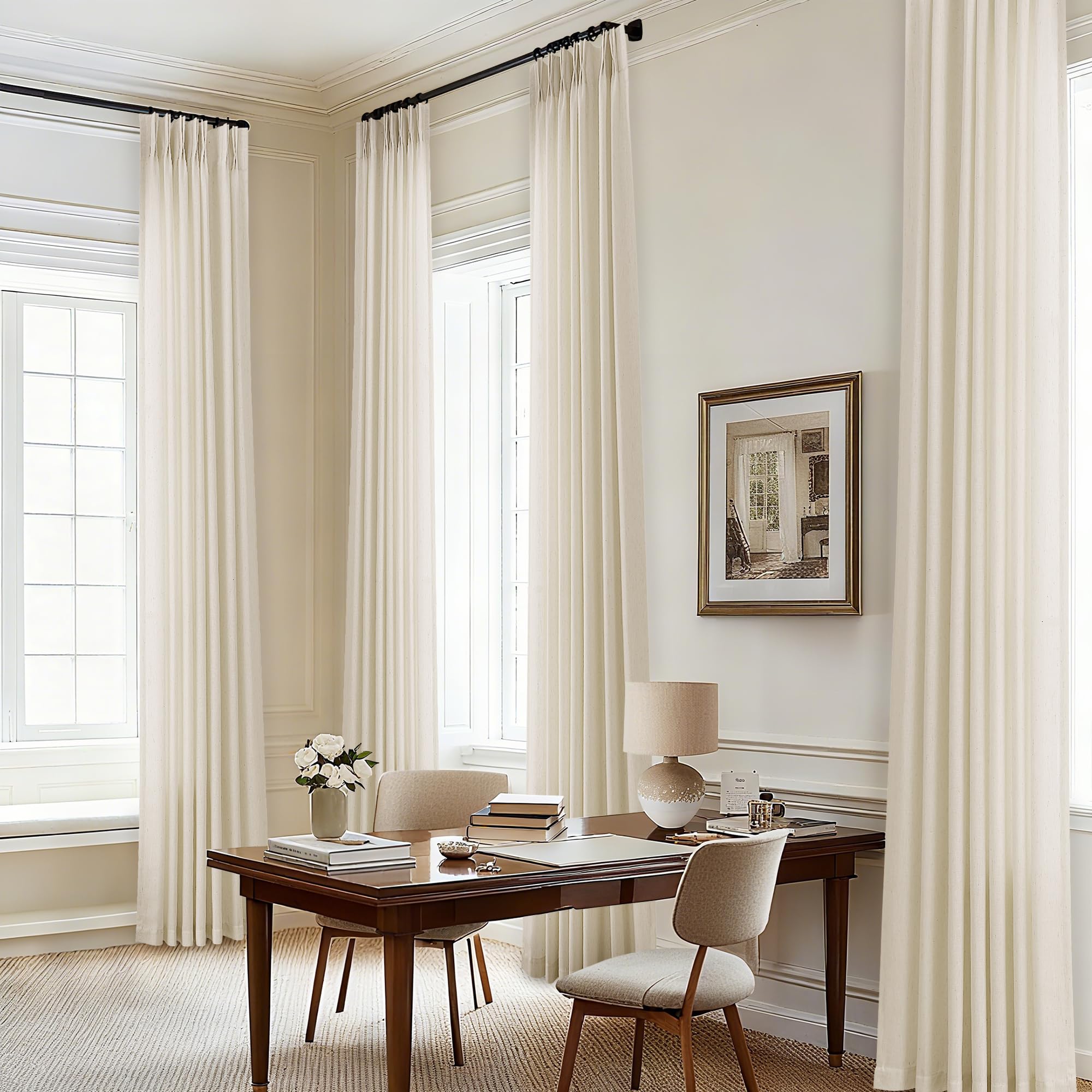 Photo 1 of DUKIYO Pinch Pleated 105 Inch Linen Curtains with Hooks Rings Back Tab for Living Dining Room Farmhouse Light Filtering Semi Sheer Custom Memory Shape Pinch Pleat 105 Inch Drapes Sand Beige 1 Panel