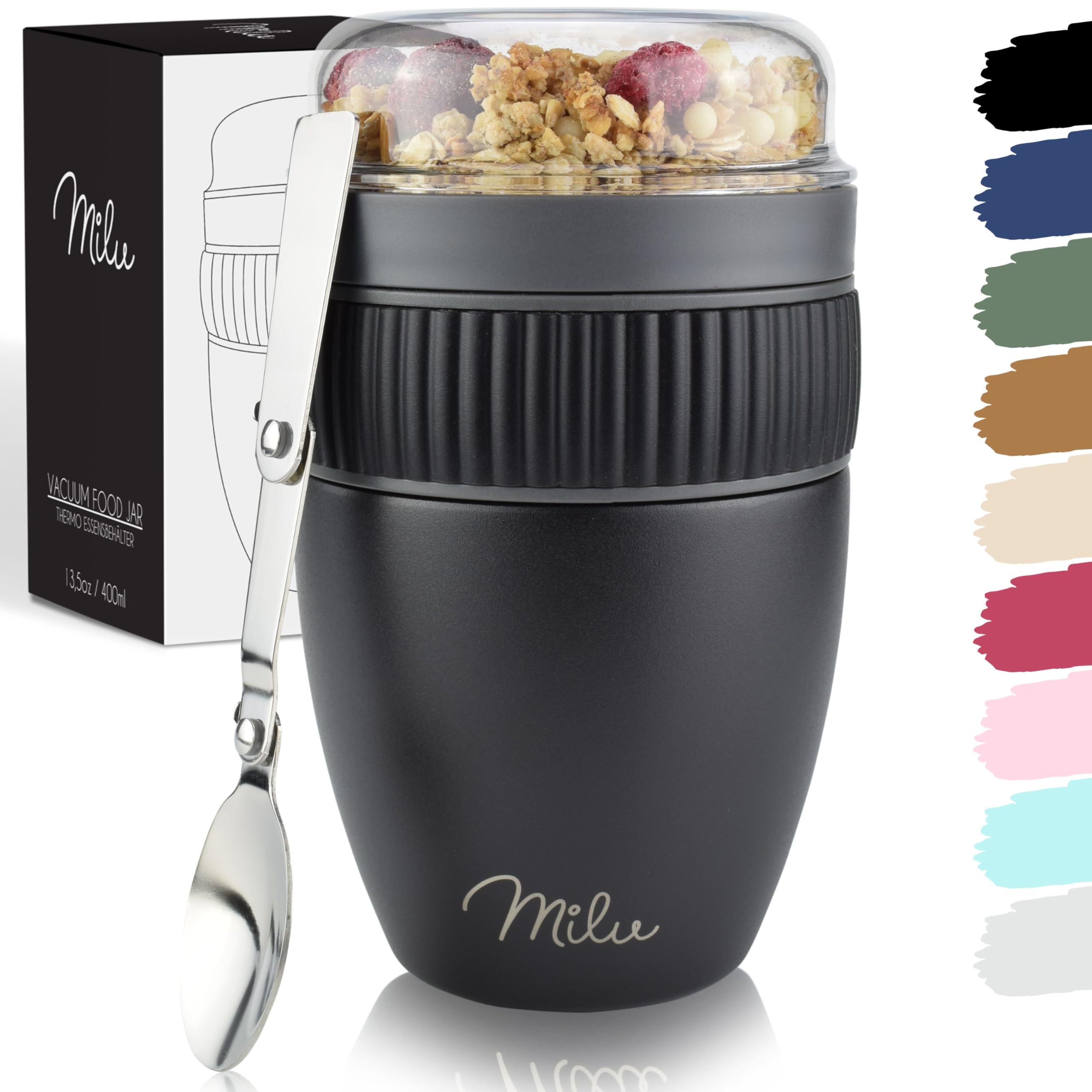 Milu Cereal Cup to go 400ml I insulated yoghurt cup for muesli I leak-proof cup with spoon for yoghurt/porridge (Black) — image 1