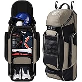 Sturdum Catchers Gear Bag with Wheels, Rolling Baseball Softball Bag with 4 Bat Sleeves, Fence-Hooks, Separate Shoe Compartments and Multi-Pockets, Sturdy Back Base Plate