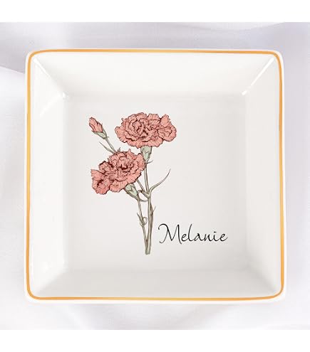 Crisky Ceramic Ring Dish With Gift Box - Flower Trinket Tray For Jewelry, Initial Engraved, 4.57"
