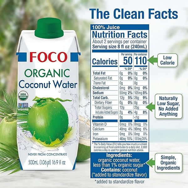 FOCO UHT ORGANIC COCONUT WATER 16.9 FL OZ, PACK OF 12, NON-GMO, NEVER FROM CONCENTRATE