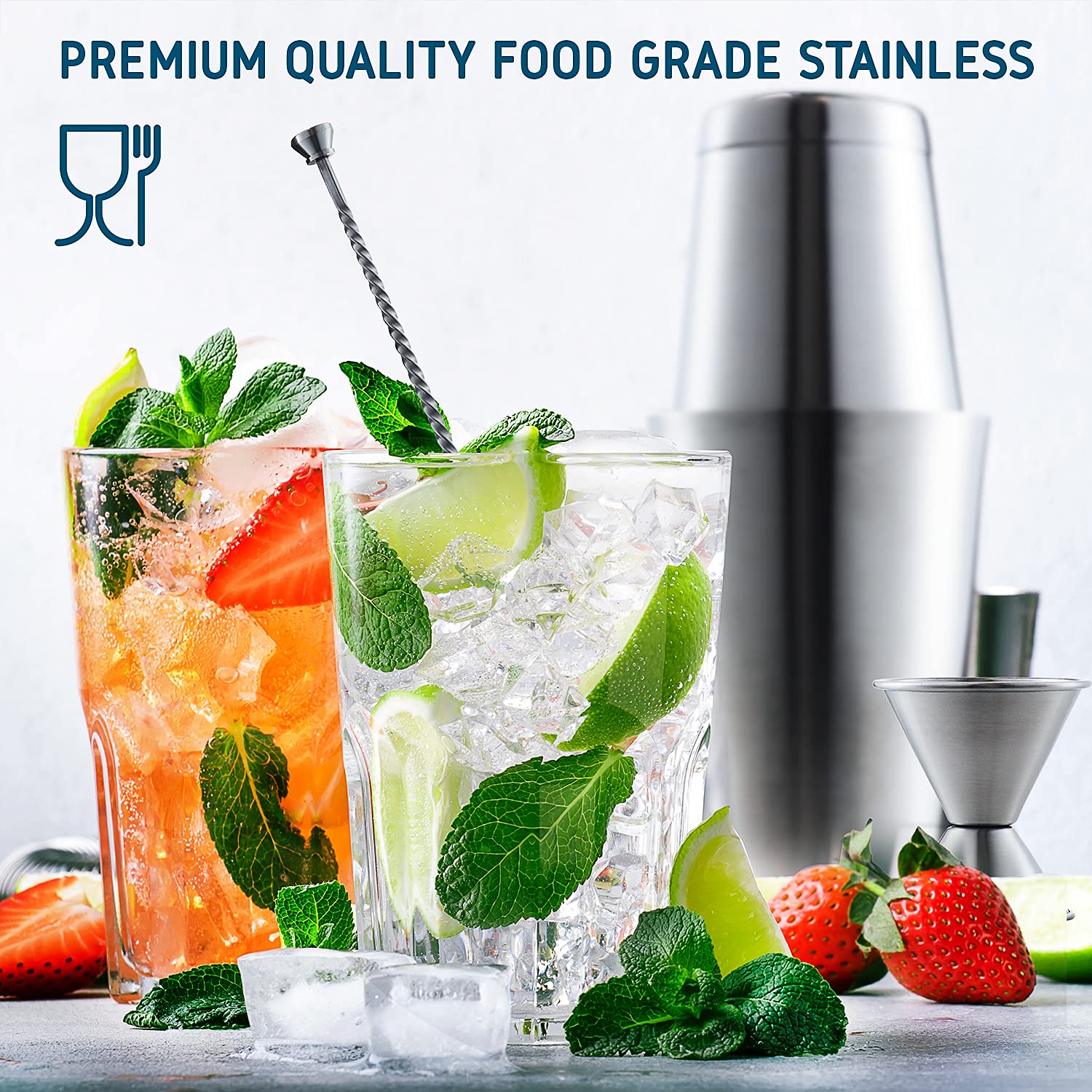 Bar Set Cocktail Shaker Set, Stainless Steel Mixology Bartender Kit, 16 Piece Cocktail Kit, Silver Cocktail Set, Bar Tools: 30oz Martini Shaker, Muddler, Bar Kit Cocktail Book, Jigger and Pourers - Image 3