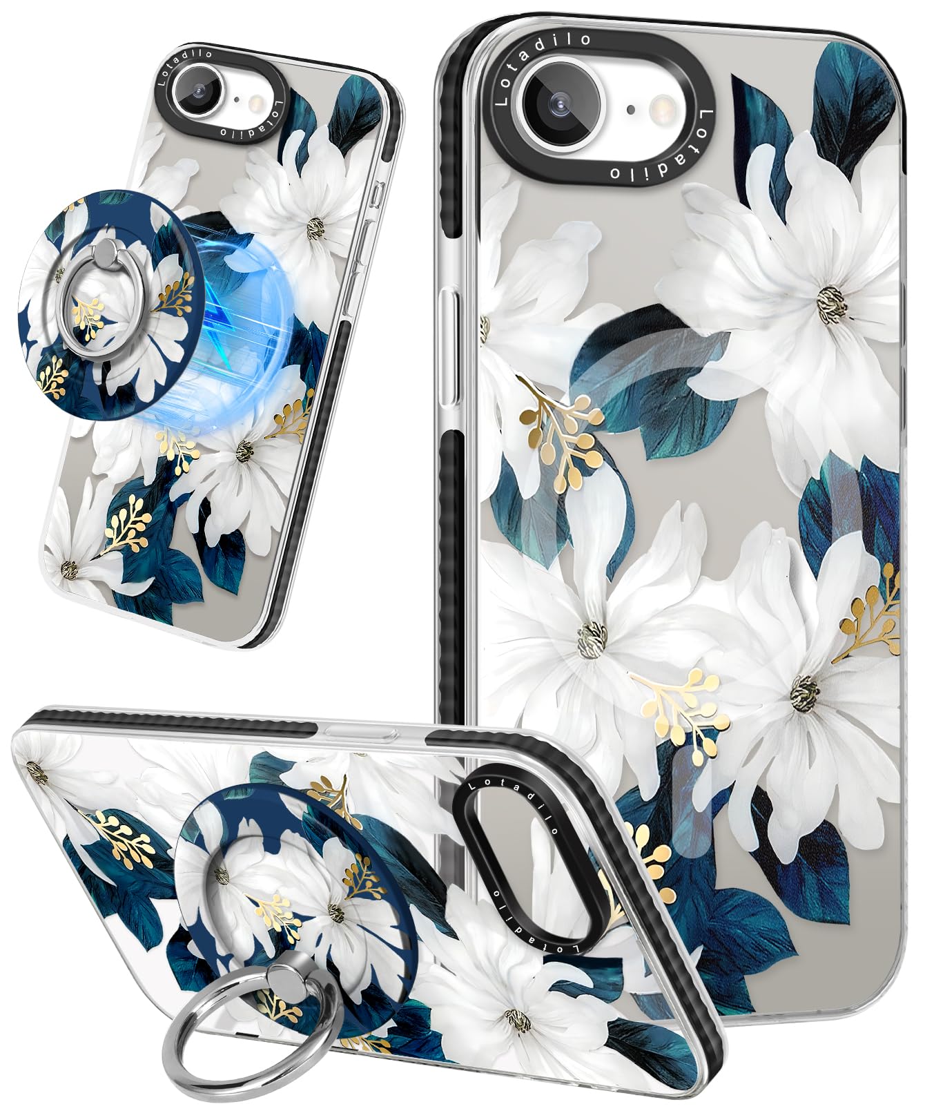 Photo 1 of Lotadilo Cute Case for iPhone 16e for Women Girls - Funny Blue Flower Design Compatible with Magsafe Magnetic Ring Holder Kickstand Fashion TPU Phone Covers for iPhone 16e Phone Case