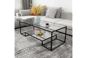 COSVALVE Metal Glass Coffee Table, Black Accent Modern Tempered Glass Side Table, Additional Storage Shelf, for Living Room Home Classy Furniture Office Decor