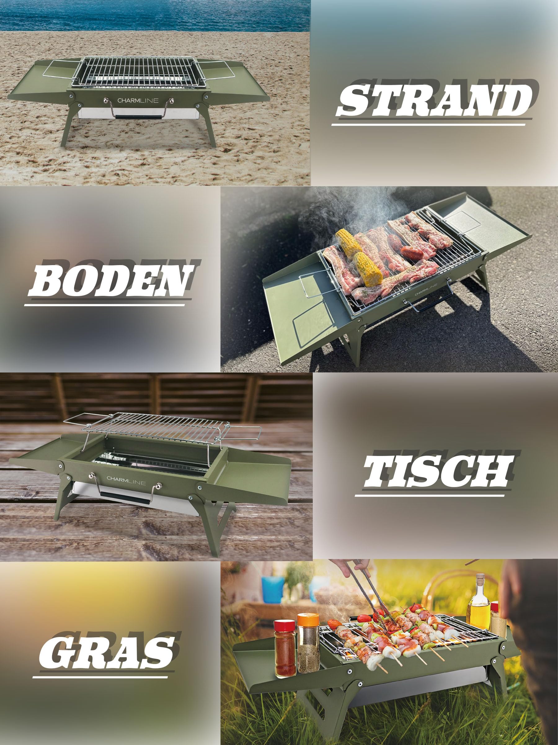 Charmline Tragbarer Holzkohlegrill, Klappbarer Campinggrill 35 x 23 cm für 1–3 Personen, Mini BBQ Grill für Balkon, Garten, Camping, Picknick und Strand, Grün 7