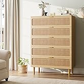 5 Drawer Dresser for Bedroom, Rattan Chest of Drawers with Deep Drawers, Large Modern Double Dresser for Closet with Wide Top, Horizontal Wooden Dresser for Living Room, Hallway, Kids Room, Natural