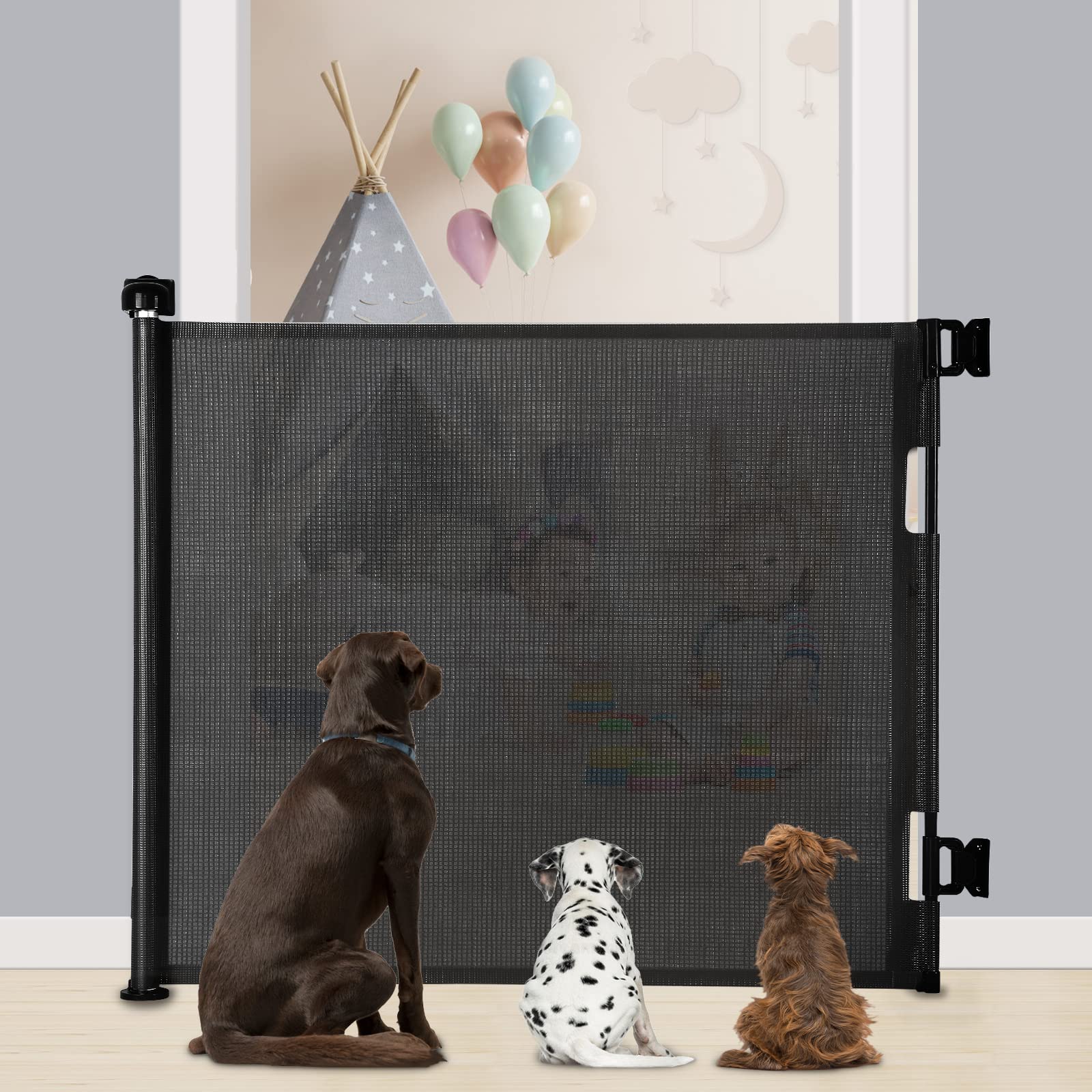 MYPIN Extra Wide Retractable Dog and Baby Gates - Indoor/Outdoor Stair Gates for Stairways, Hallways, Doorways (Black, 140 X 86 CM)