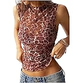 Milumia Women Leopard Mesh Tank Tops Mock Neck Sleeveless Ruched Lettuce Trim Shirts