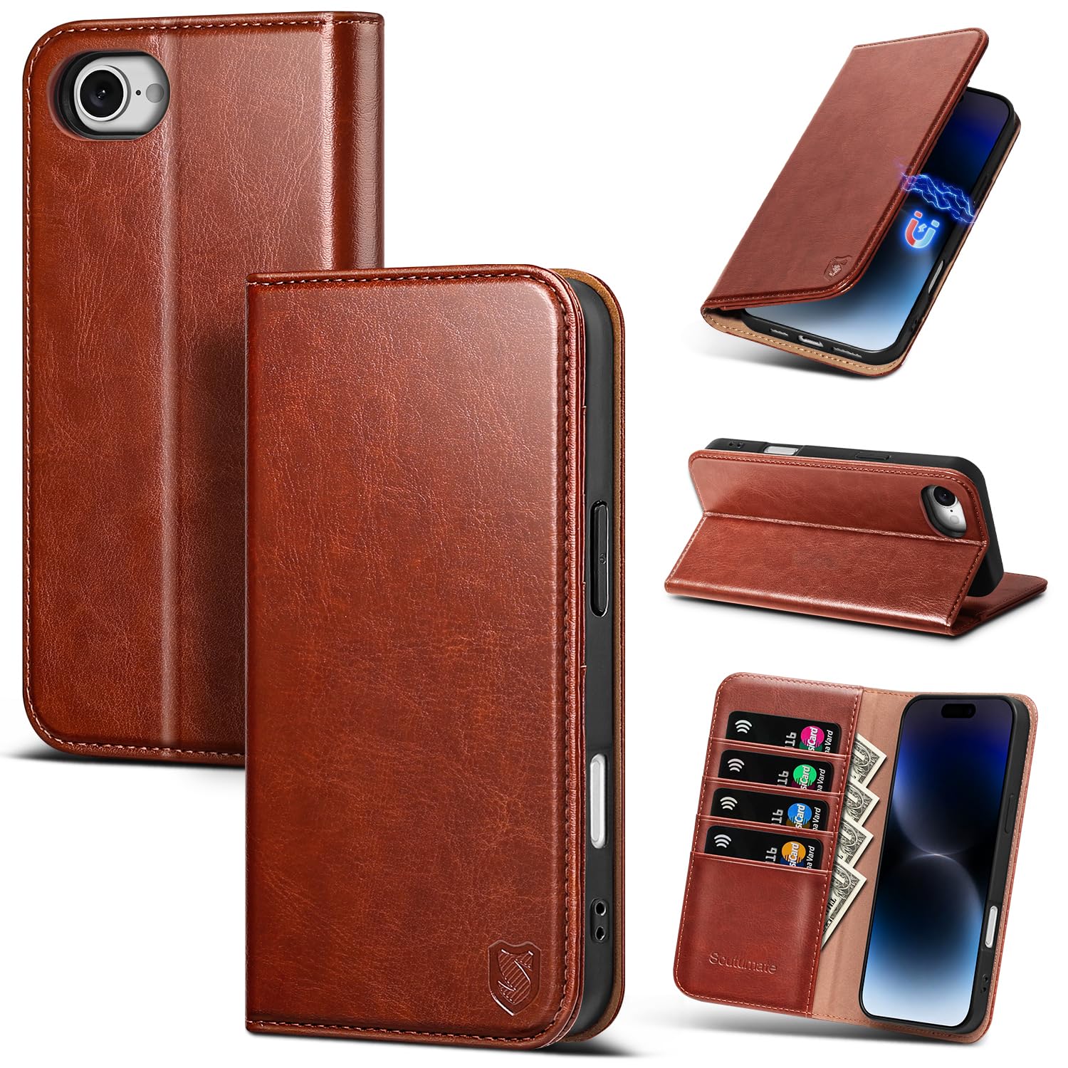 Scutumate Compatible with iPhone 17e / 16e Case Wallet with Card Holder [4 Card Slots] Kickstand [RFID Blocking] PU Leather Phone Case Flip Protective Cover TPU Shockproof,Brown